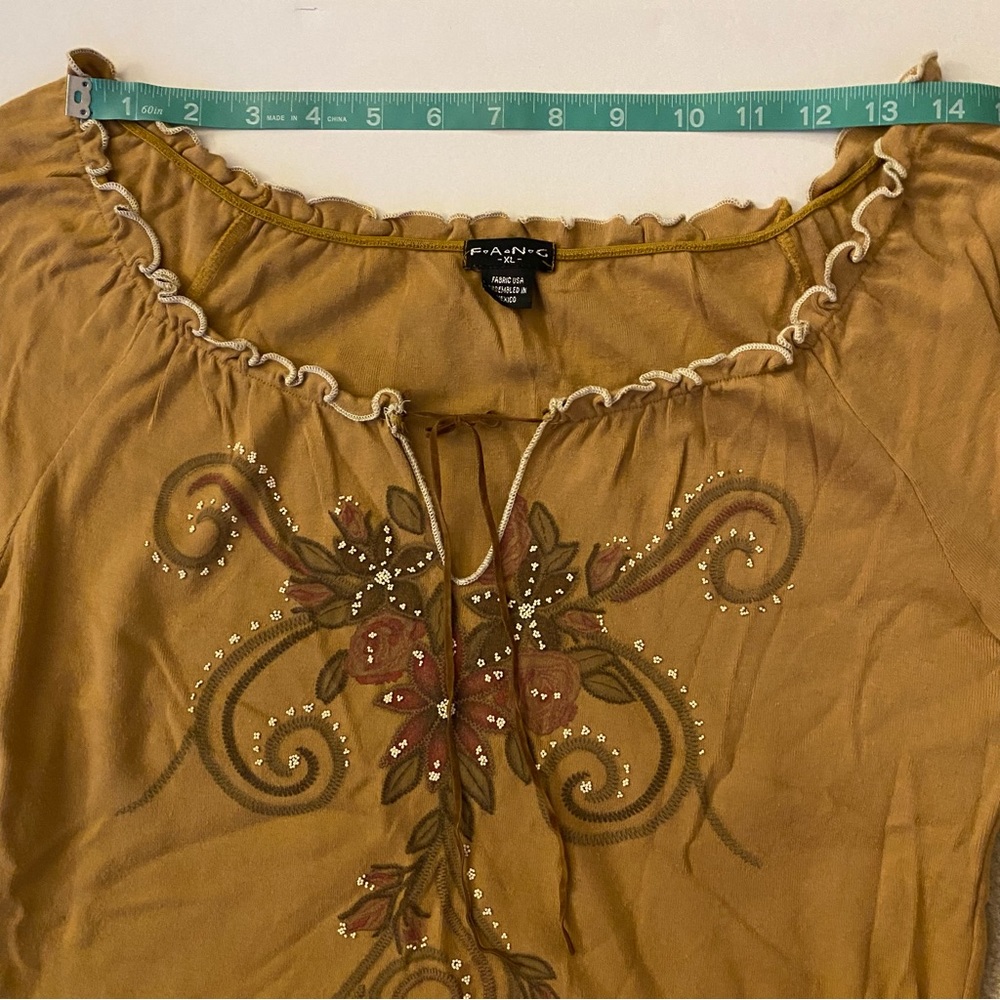 Vintage Y2K FANG Fairycore Beaded Floral Suede tie Bell sleeve elastic neck top - Picture 6 of 9